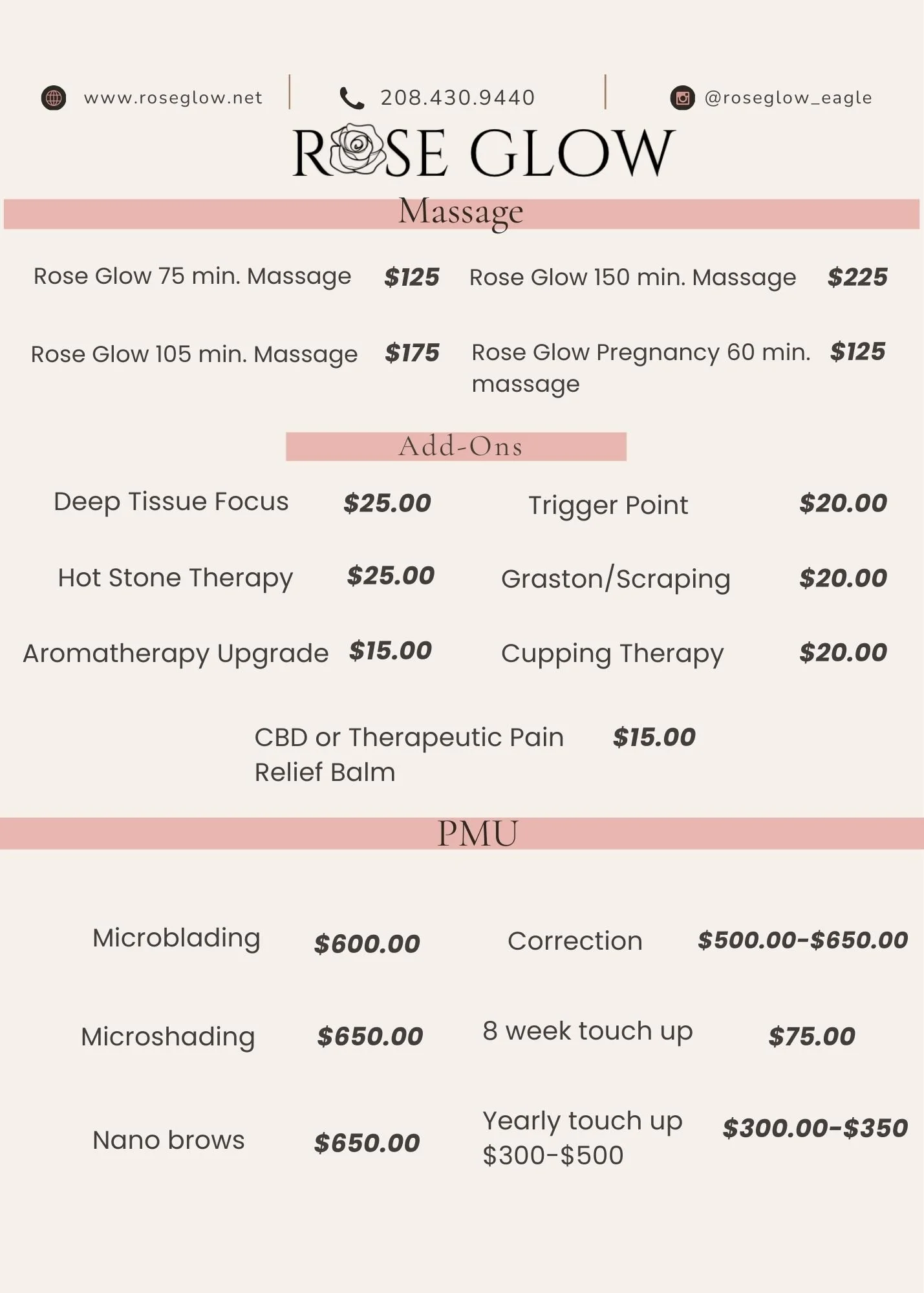 Spa menu for Rose Glow, listing massage services, add-ons, and micro-needling treatments with prices