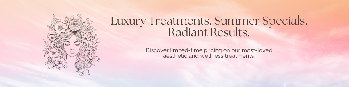 Advertisement for aesthetic and wellness treatments featuring a pastel-colored sky background, a line drawing of a woman with flowers in her hair, and text about summer specials and radiant results.