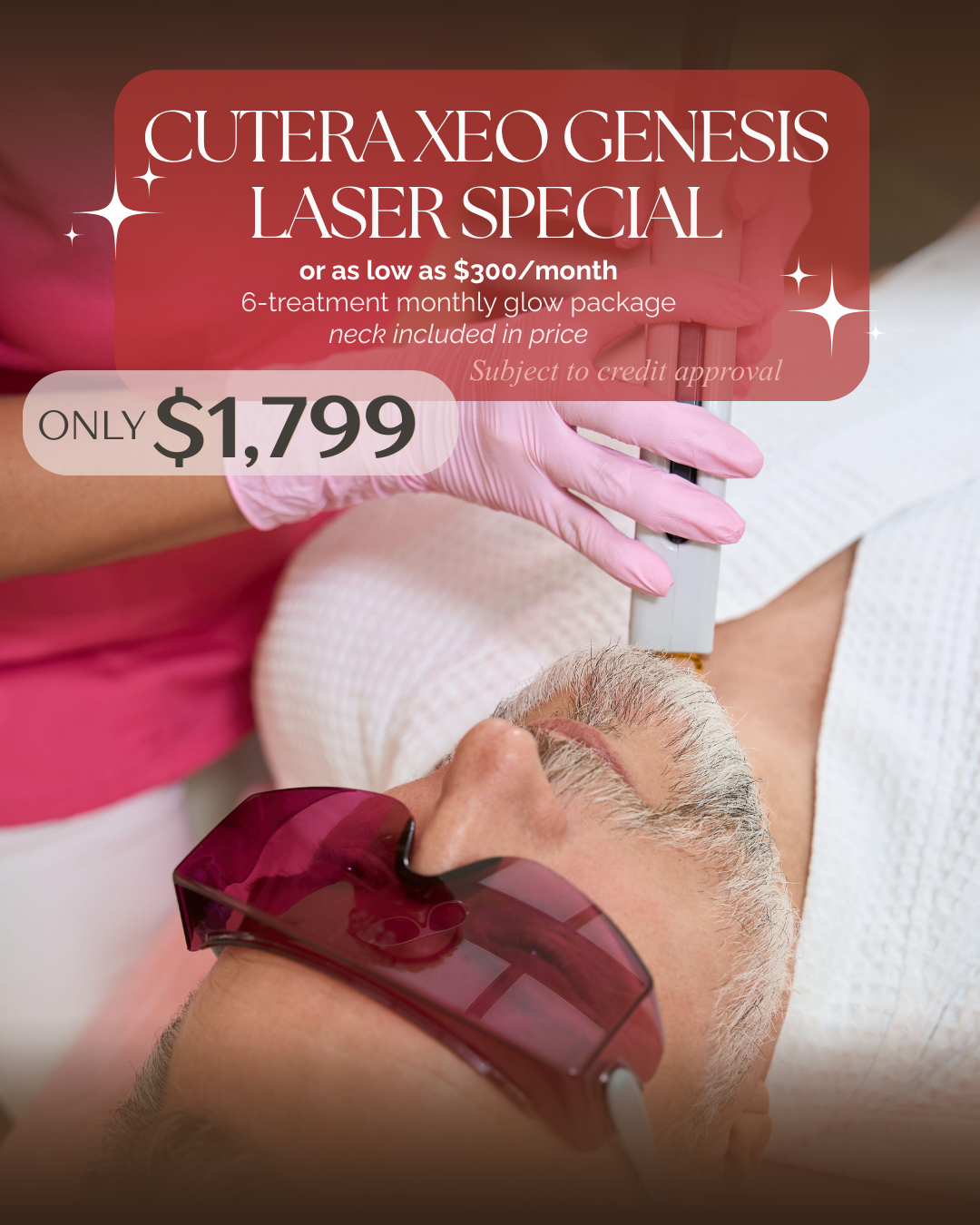 A person receiving a laser treatment on their face at a clinic, wearing protective goggles, with a promotional overlay advertising a laser treatment package for $1,799.
