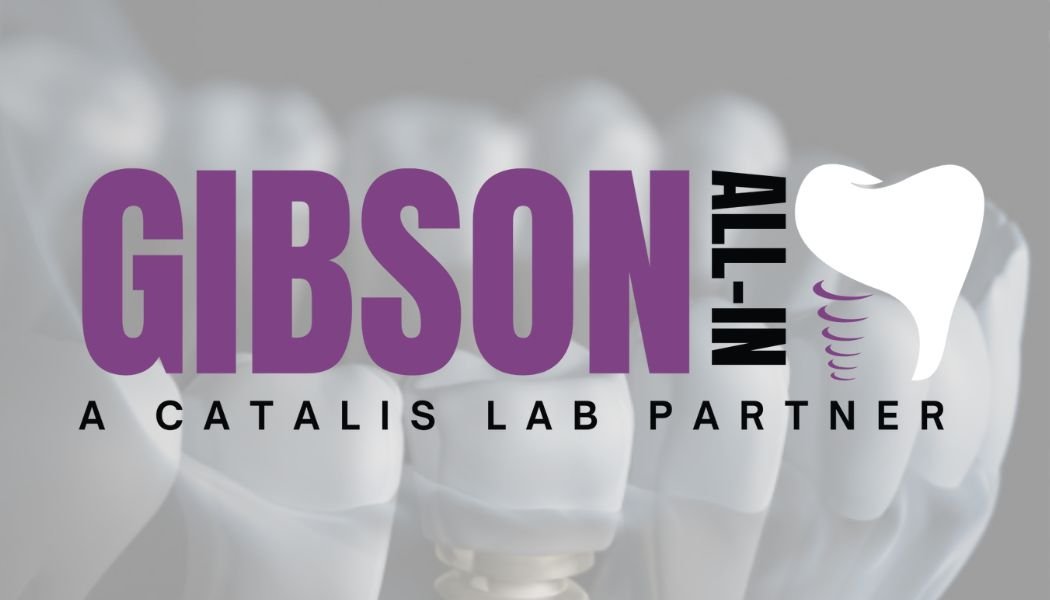 Logo for GIBSON NI-ALLY, a Catalis lab partner, featuring purple text and a stylized tooth with a purple spiral, over a blurred background of teeth.