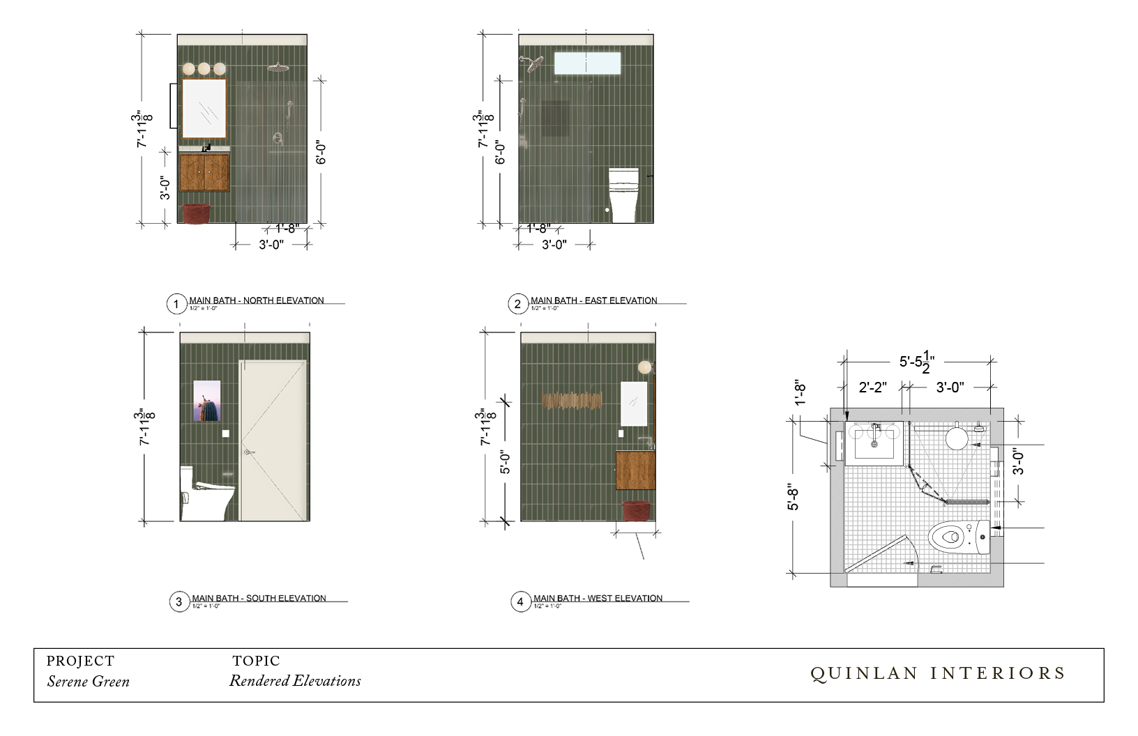Serene Green Spa Bathroom | Rendered elevations convey the mix of materials