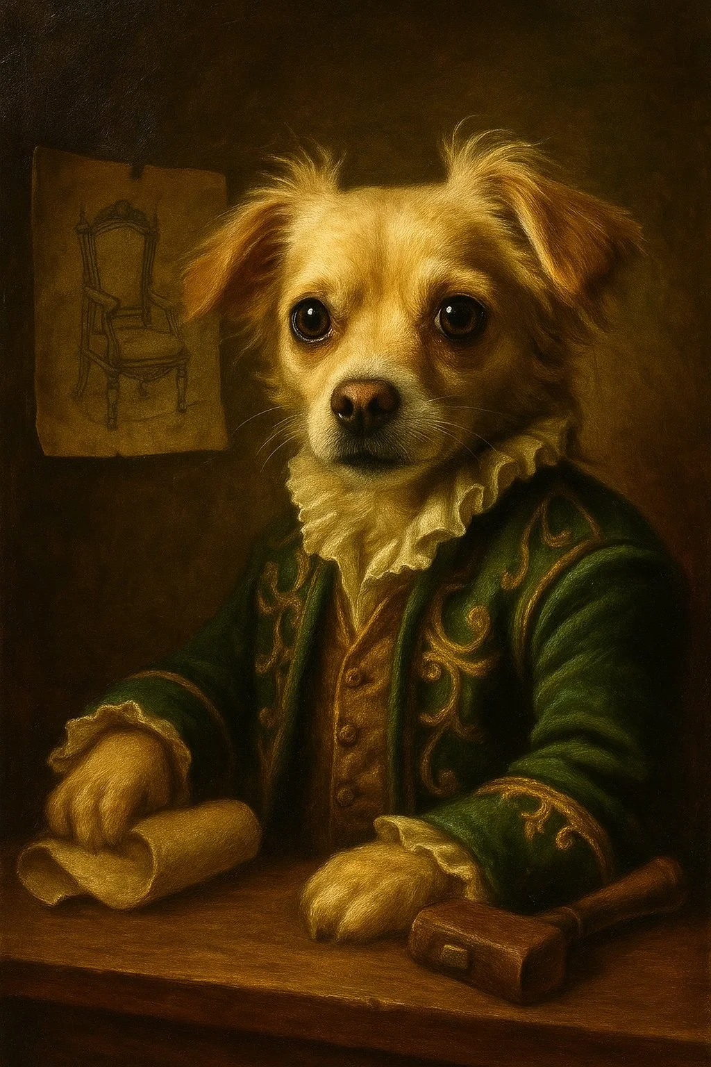 A dog with a realistic dog's face, dressed in historical royal clothing, sitting at a table with documents and a gavel, in a renaissance-style portrait.