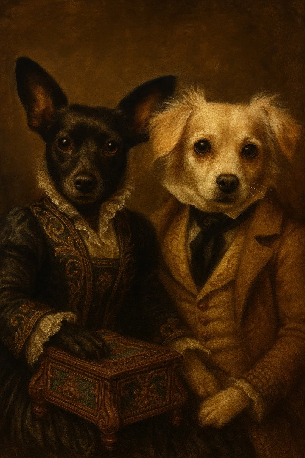 Painting of two dogs dressed like 18th-century aristocrats, one black with large ears and the other light-colored with floppy ears.