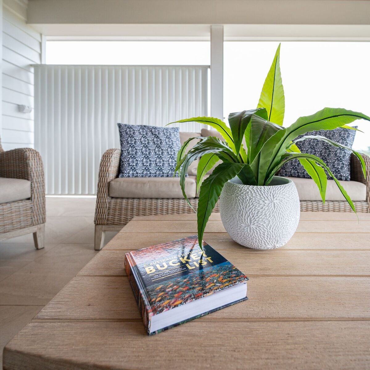 A potted green plant on a wooden table with a book titled "Australia Bucket List" in front of a sofa with patterned pillows in a bright, modern living room.