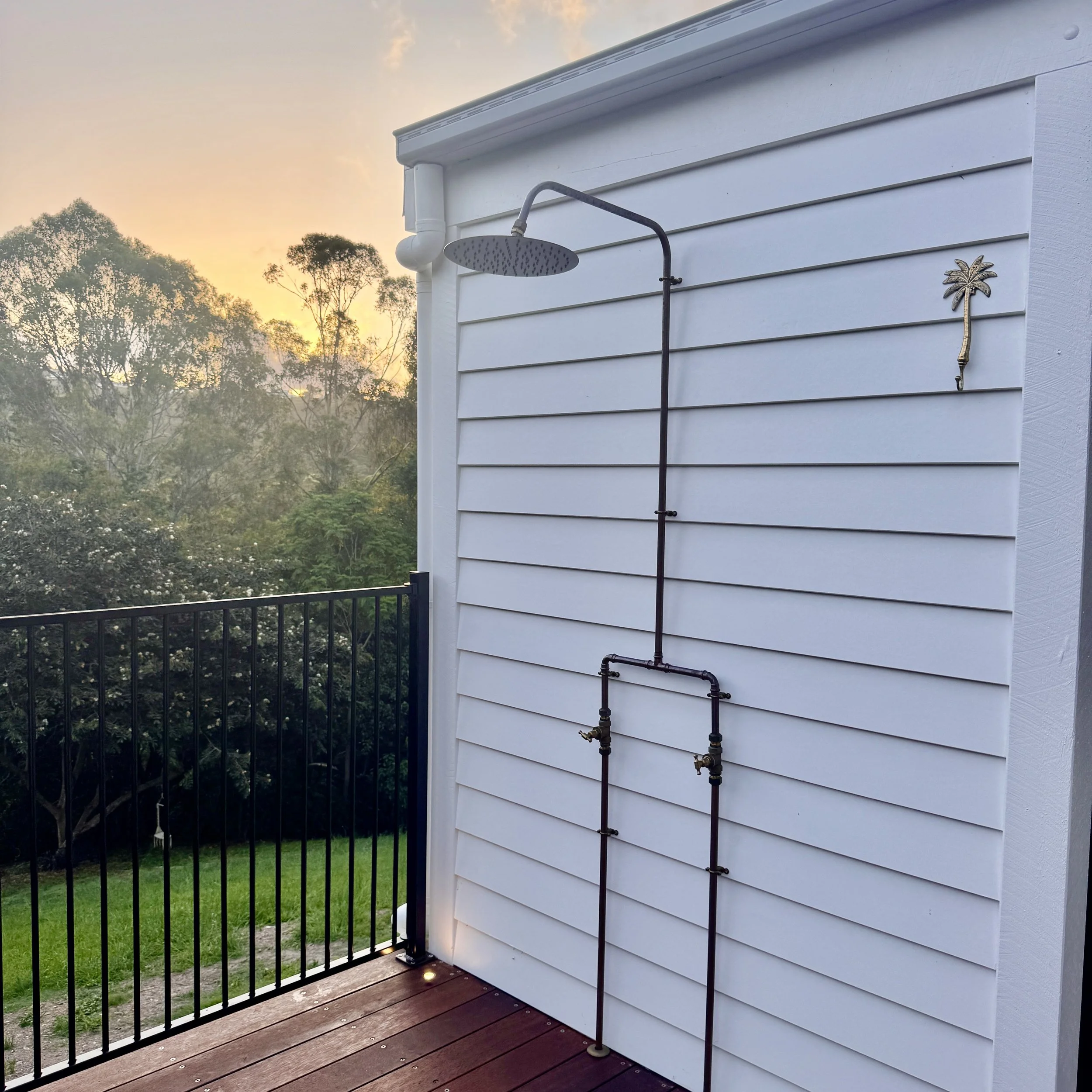 Outdoor shower with black pipes, mounted on white house siding, featuring a round showerhead and a decorative palm tree wall hook, set against a sunset and greenery background.