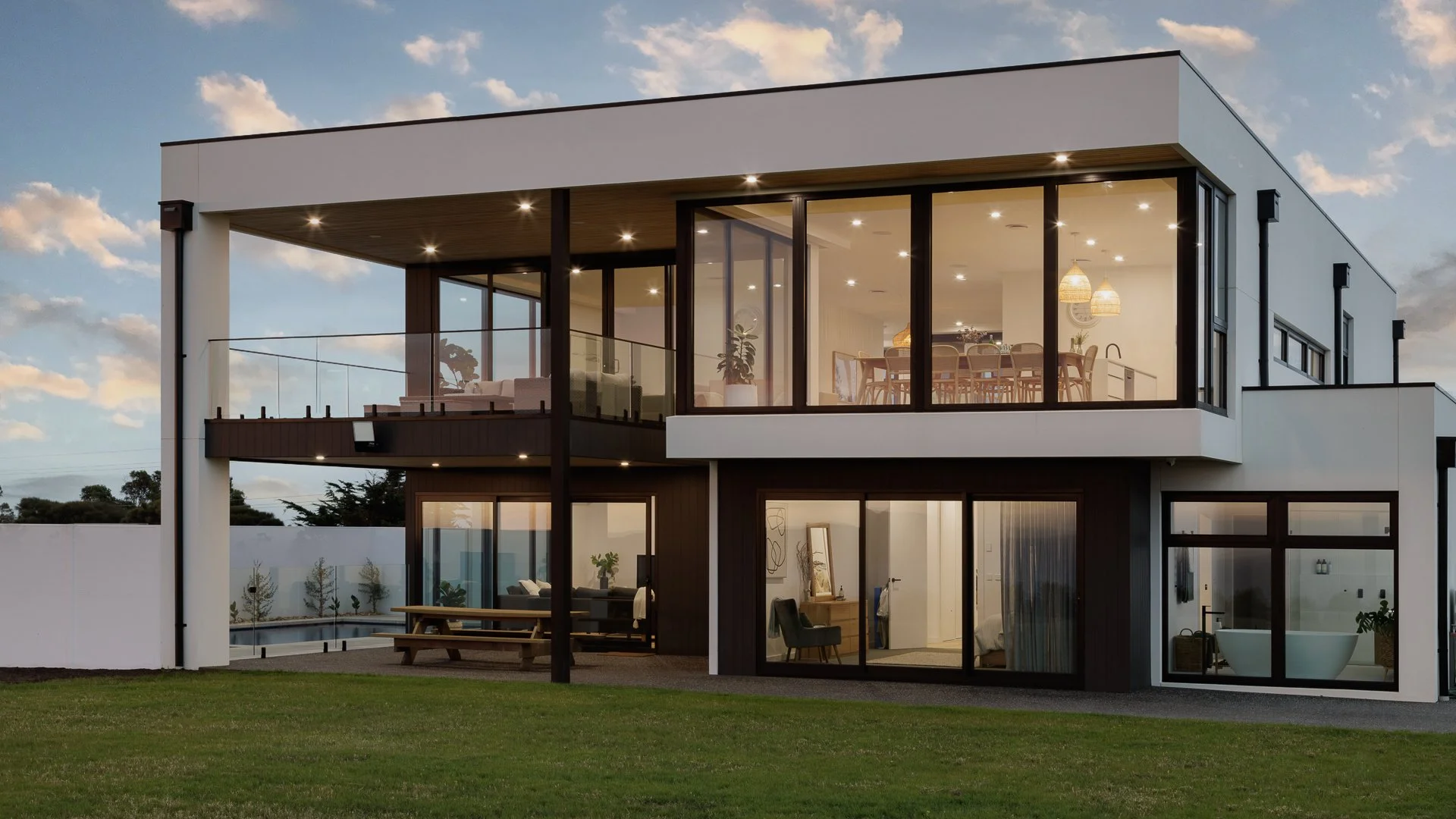 Modern two-story house with large glass windows and a balcony, surrounded by a well-manicured lawn at sunset.