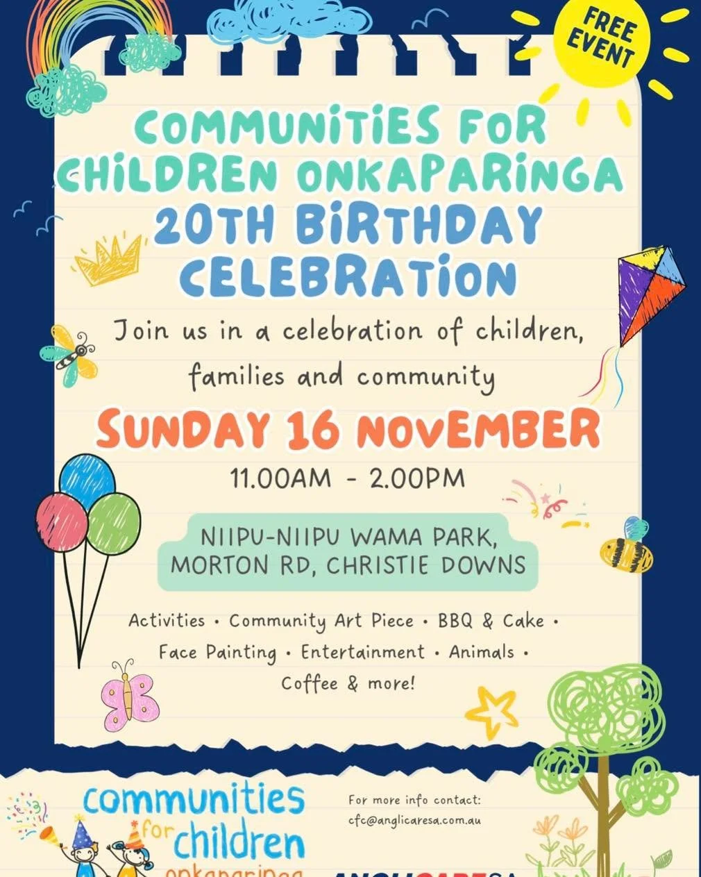 Join staff from our LEGO and Mix programs this Sunday 16th November 11am-2pm to celebrate the milestone of Communities for Children Onkaparinga 20th Birthday Celebration! 

It's going to be so much fun and we&rsquo;re looking forward to celebrating!