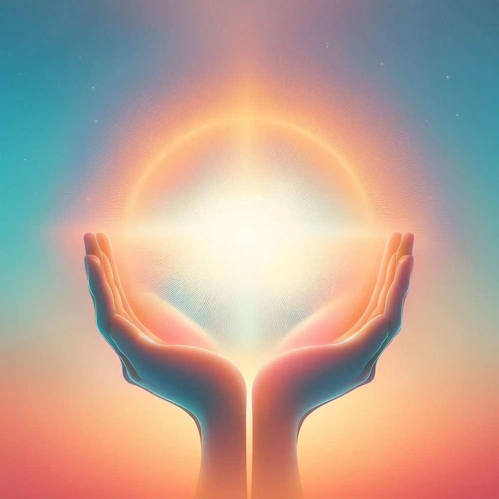 Two hands gently holding a glowing sun with rainbow-like rays in a serene sky.