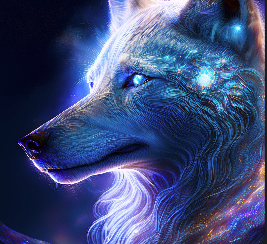 A glowing blue and white sci-fi wolf in a cosmic background