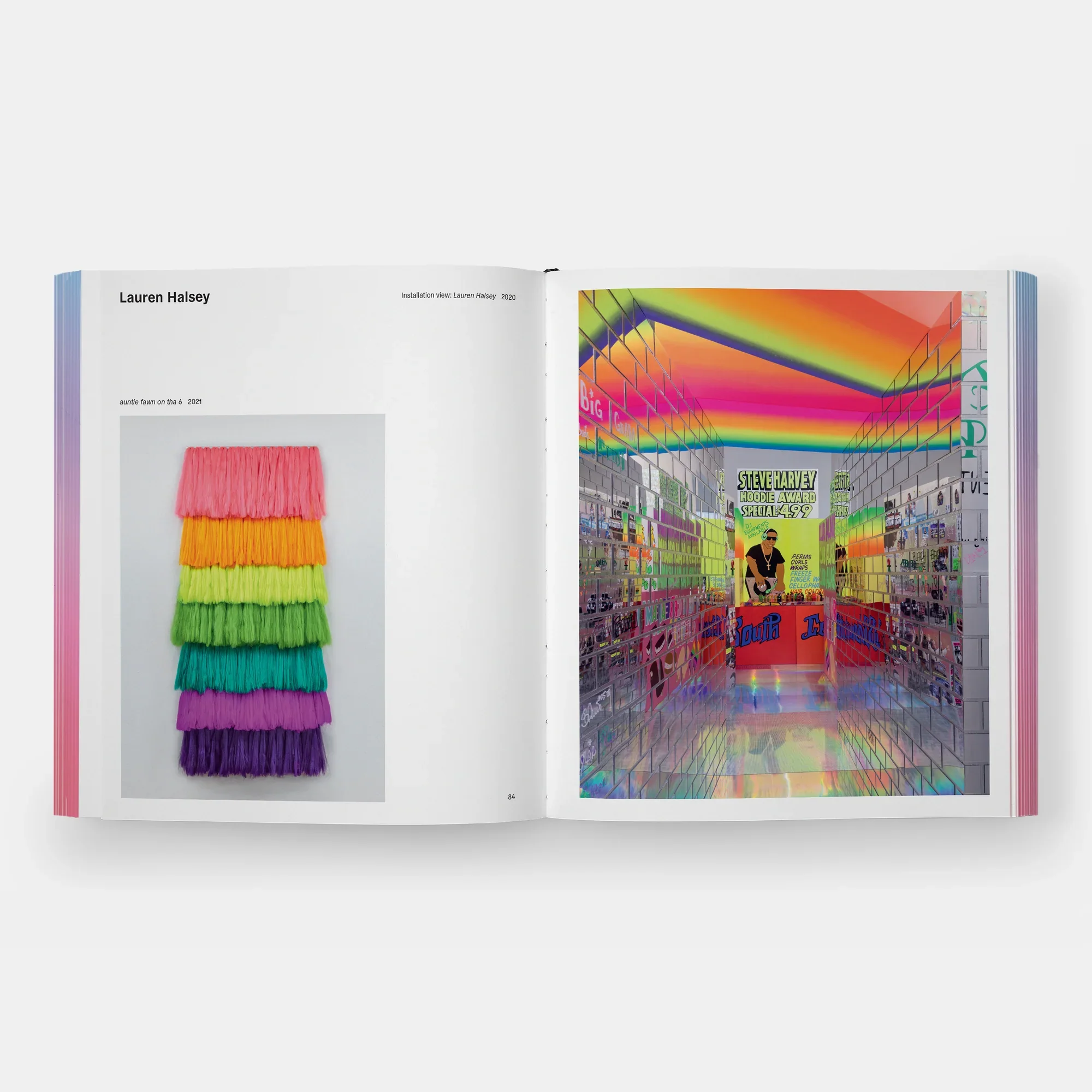 Rainbow Dreams Book by Olga Rei and Valentine Uhovski. Phaidon. Open art book showing a piece of colorful fiber art on the left page and a vibrant, iridescent retail display on the right page.