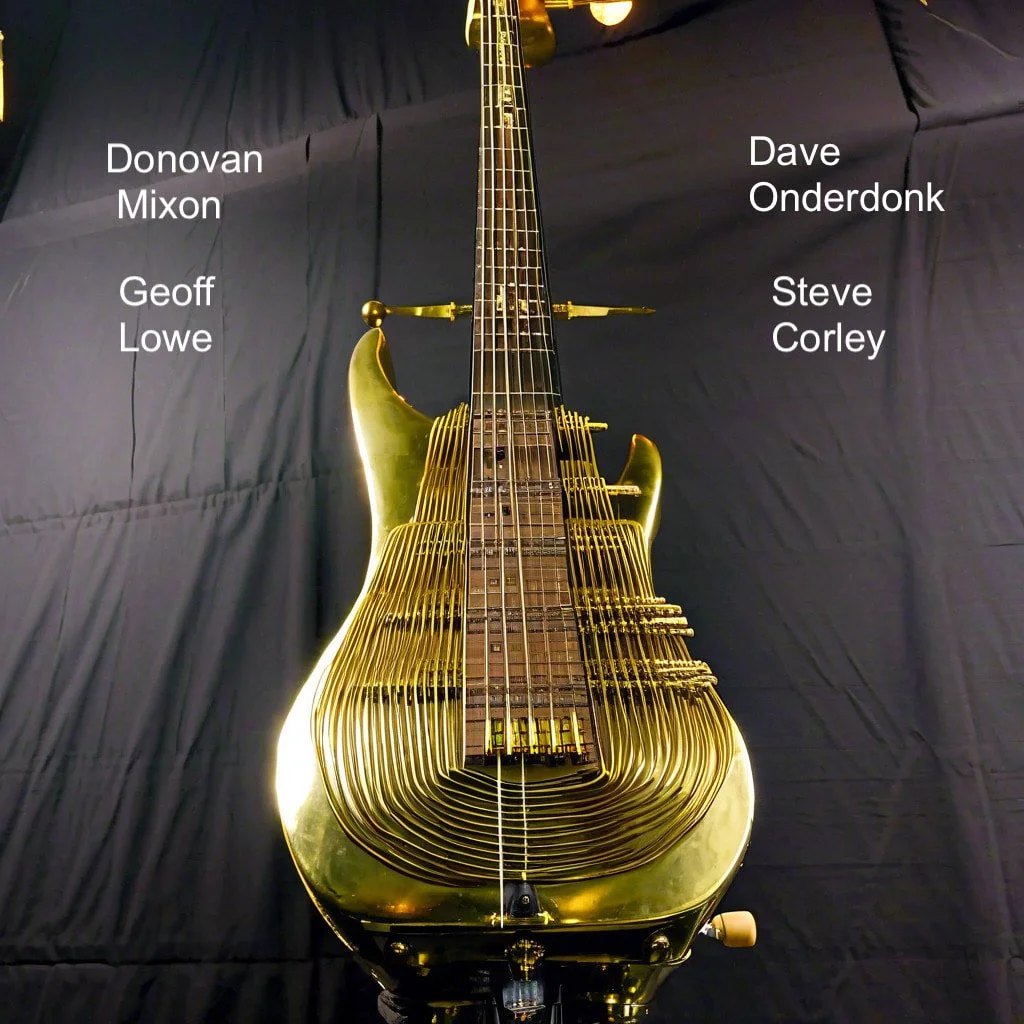 A gold-colored guitar with an intricate, open frame design is displayed against a dark background, with the names Donovan Mixon, Dave Onderdonk, Geoff Lowe, and Steve Corley labeled around it.