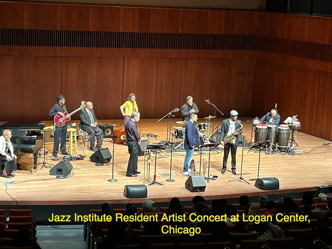 Jazz band performing on stage at the Logan Center, Chicago, during a Jazz Institute Resident Artist Concert.