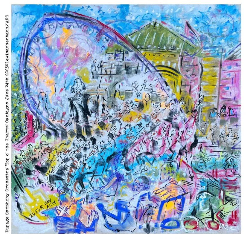 Colorful abstract illustration of an orchestra performing at a concert, with a Ferris wheel and cityscape in the background.