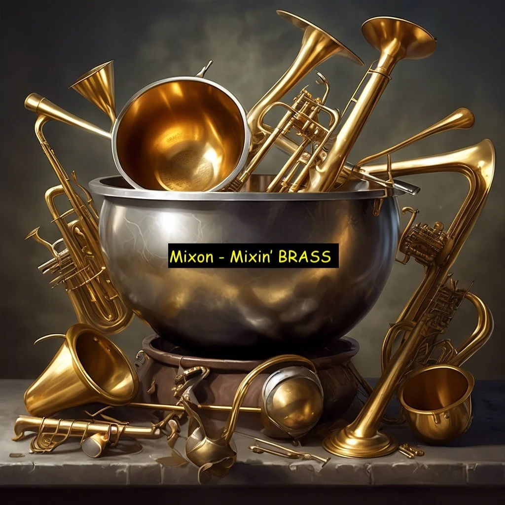 A collection of golden brass musical instruments, including trumpets, saxophones, and a trombone, placed inside and around a metallic bowl with a label that reads 'Mixon - Mixin' BRASS'.