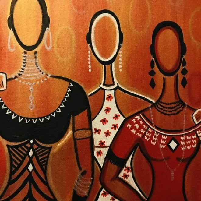 Painting of three faceless women with different skin tones, wearing jewelry and colorful dresses, against an orange background.
