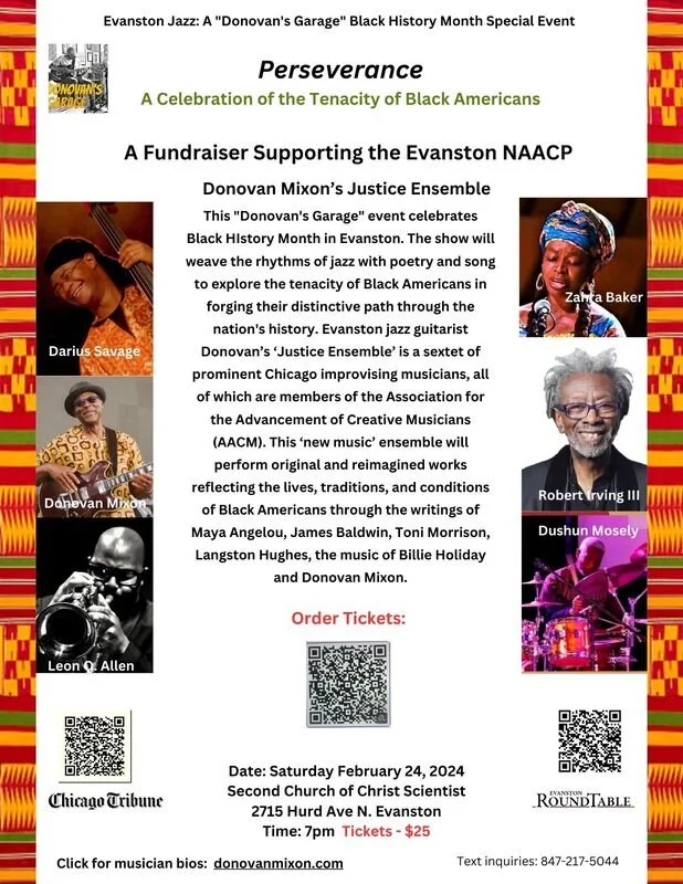 Event poster titled "Perserverance: A Celebration of the Tenacity of Black Americans." It promotes a fundraiser supporting the Evanston NAACP, featuring Donovan Mixon's Justice Ensemble. The poster includes pictures of performers Darius Savage, Daehr