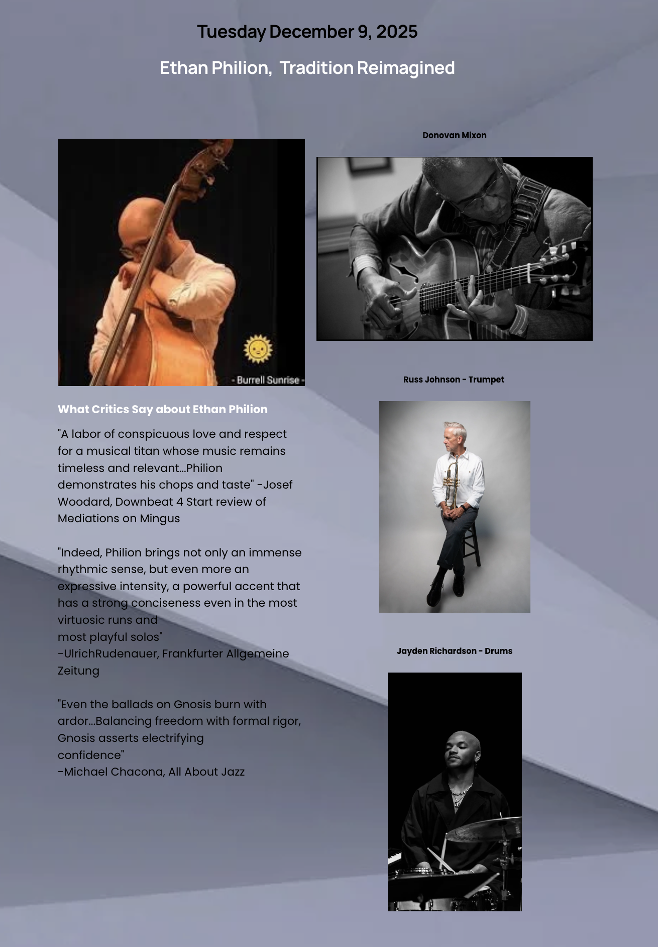 Event poster for Ethan Philion's concert titled "Tradition Reimagined" on December 9, 2025. The poster features photos of three jazz musicians: a bald man playing double bass, a man with glasses playing guitar, and a man with a shaved head playing dr