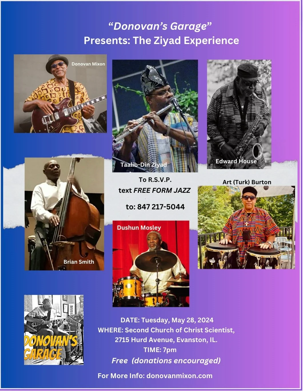 Flyer for 'Donovan's Garage' presenting the Ziyad Experience, featuring musicians Donovan Mixon, Taalib-Din Ziyad, Edward House, Brian Smith, Dushun Mosley, and Art (Turk) Burton. The event is scheduled for Tuesday, May 28, 2024, at 7 pm at the Secon