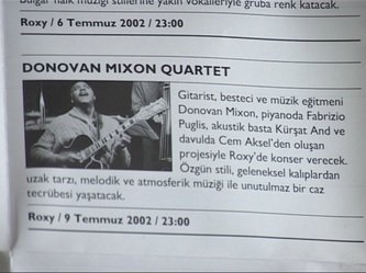 A printed announcement or flyer in Turkish about Donovan Mixon Quartet, mentioning the guitarist and music educator Donovan Mixon, and other musicians like Fabrizio Puglisi, Kürşat Arseven, and Cem Aksel. The flyer highlights jazz, melody, atmospheri