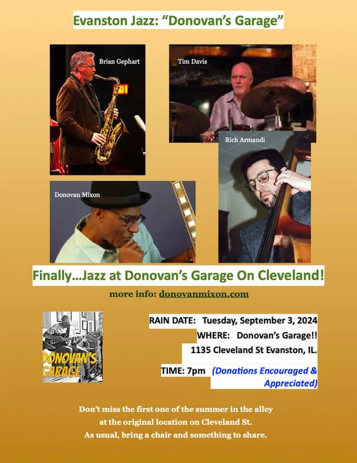 Flyer for a jazz concert at Donovan's Garage in Cleveland, featuring musicians Brian Gephart, Tim Davis, Rich Armandi, and Donovan Mixon, scheduled for Tuesday, September 3, 2024, at 7 pm.