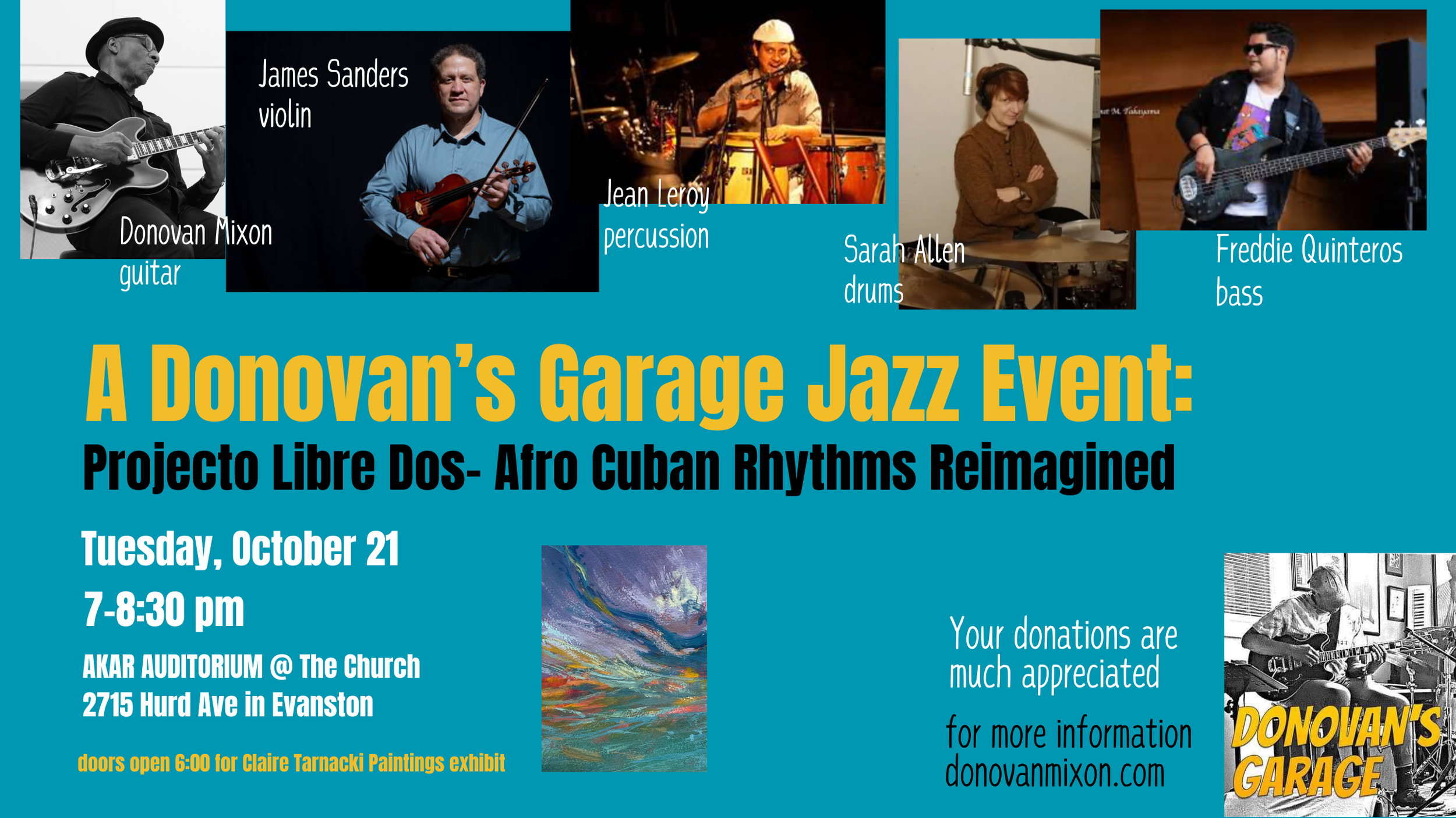 Event poster for a jazz event featuring multiple musicians, including Donovan Nixon on guitar, James Sanders on violin, Jean Leroy on percussion, Sarah Allen on drums, and Freddie Quinteros on bass. The event is titled "A Donovan's Garage Jazz Event: