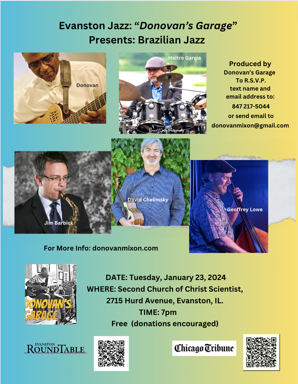 Poster for a Brazilian jazz concert titled "Evanston Jazz: Donovan's Garage Presents Brazilian Jazz" featuring photos of five musicians: Donovan playing guitar, Heitro Garcia on drums, Jim Barblick on saxophone, David Chelimsky with a mandolin, and G