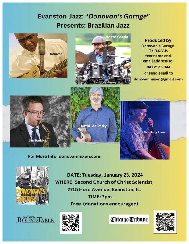 Event poster for Evanston Jazz featuring musicians Donovan, Heitor Garcia, Jim Barbick, David Chelimsky, and Geoffrey Lowe, promoting a Brazilian Jazz concert on January 23, 2024, at the Second Church of Christ Scientist in Evanston, Illinois, with c