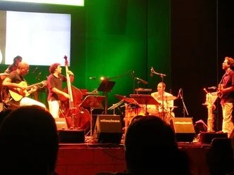 A band performing on stage with four members, playing guitar, double bass, drums, and saxophone, in front of a green-lit backdrop.