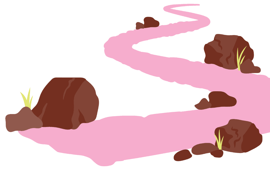 Illustration of a winding pink dirt path with rocks and sparse grass on either side.