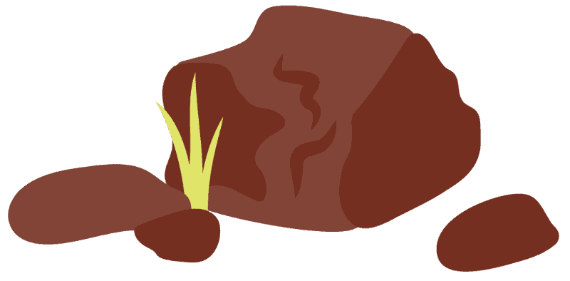 Illustration of a brown rock with a small patch of green grass and two smaller rocks nearby.