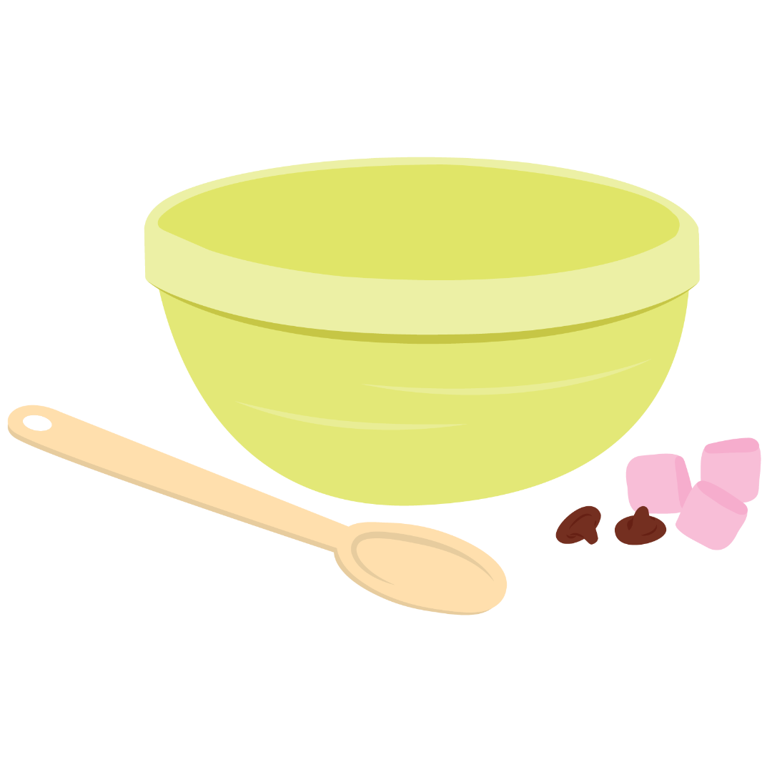 A wooden spoon sitting next to a green mixing bowl, chocolate drops and pink marshmallows.