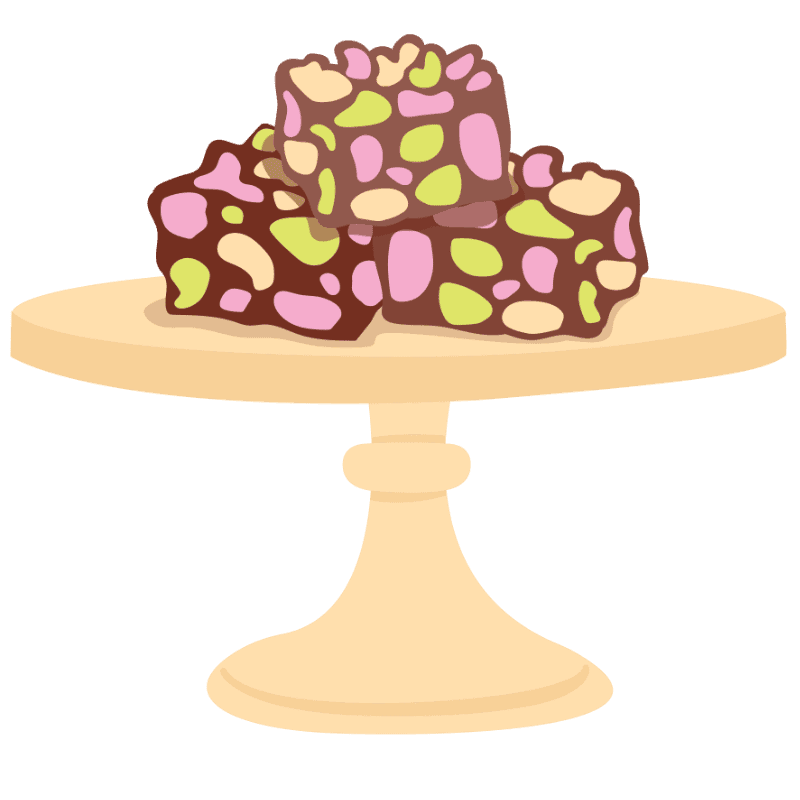 Illustration of three pieces of rocky road sitting on a beige cake stand