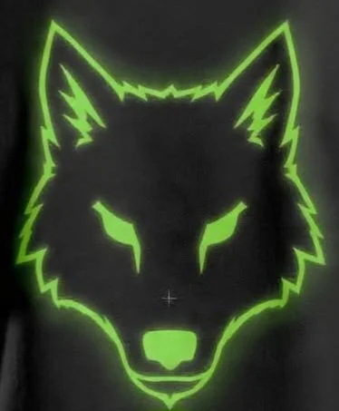 Neon green outline of a wolf's face on a dark background