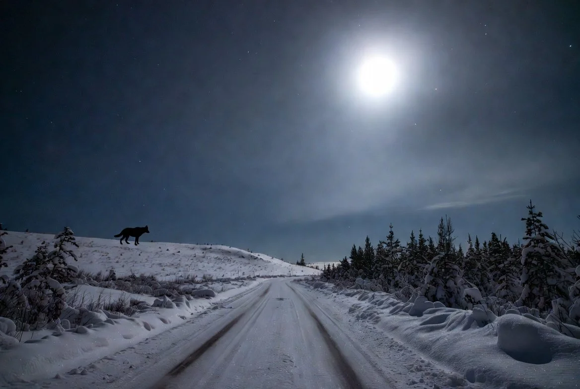 A snowy, winter landscape under a night sky illuminated by a bright full moon. A wolf is walking on the snow-covered hill to the left, with pine trees lining the snowy road in the foreground.