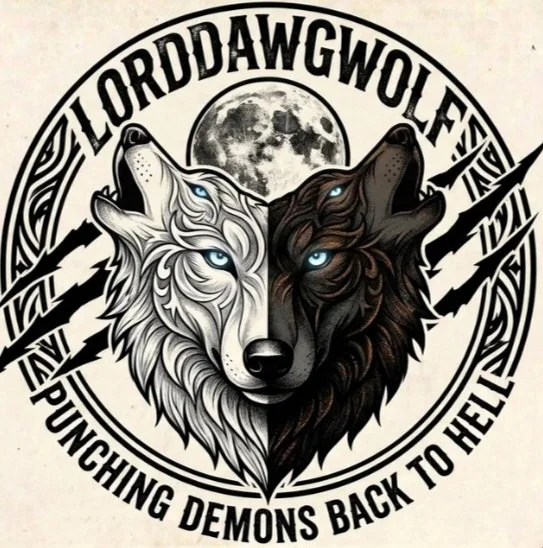 A circular graphic featuring the heads of a white wolf and a black wolf, with a full moon in the background. The text around the circle reads '@LORDDAWGWOLE' at the top and 'PUNCHING DEMONS BACK TO HELL' at the bottom.