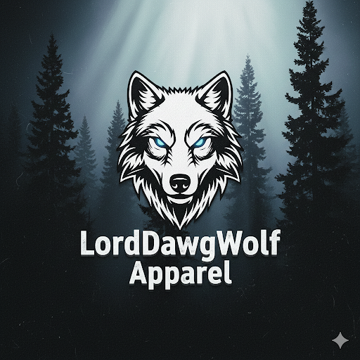A logo featuring a wolf's head with glowing blue eyes and the text 'LordDawgWolf Apparel' below it, set against a dark forest background with trees and a night sky.