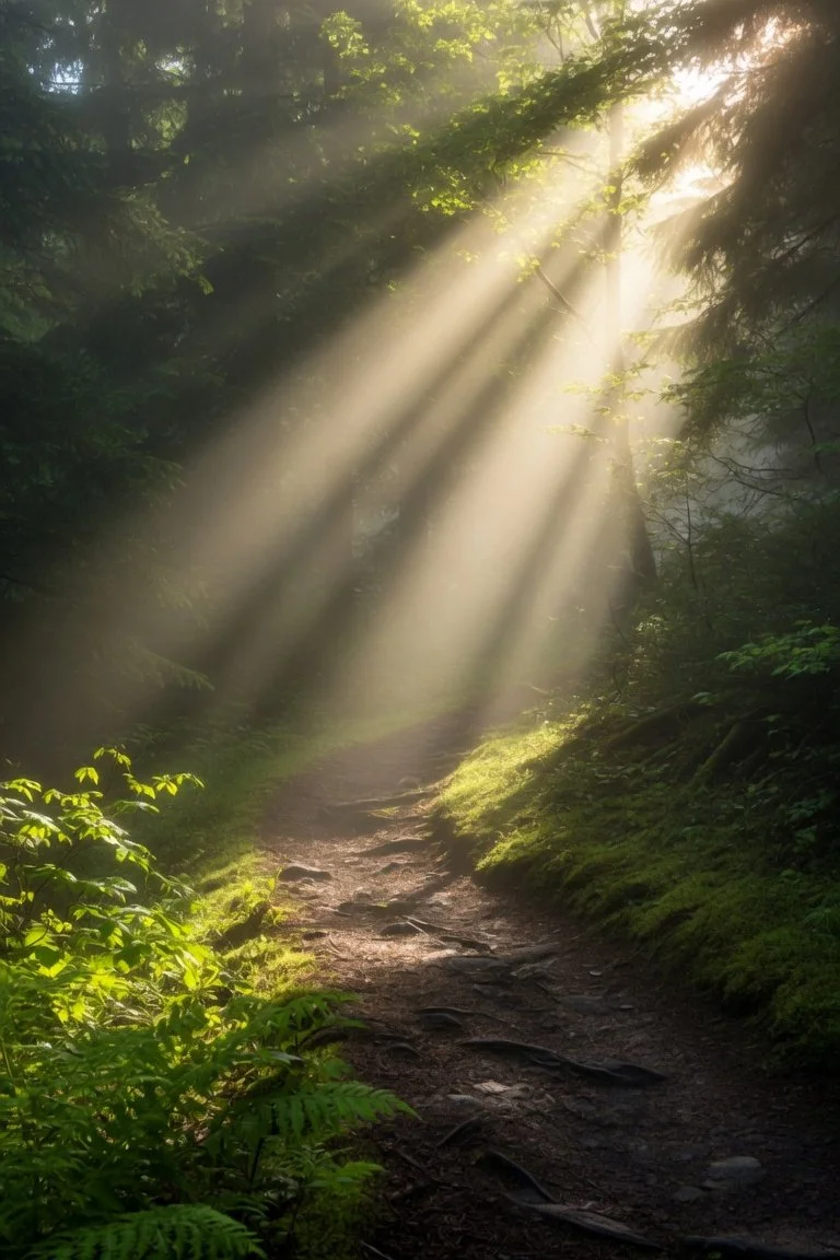 A forest trail with sunlight streaming through the trees.