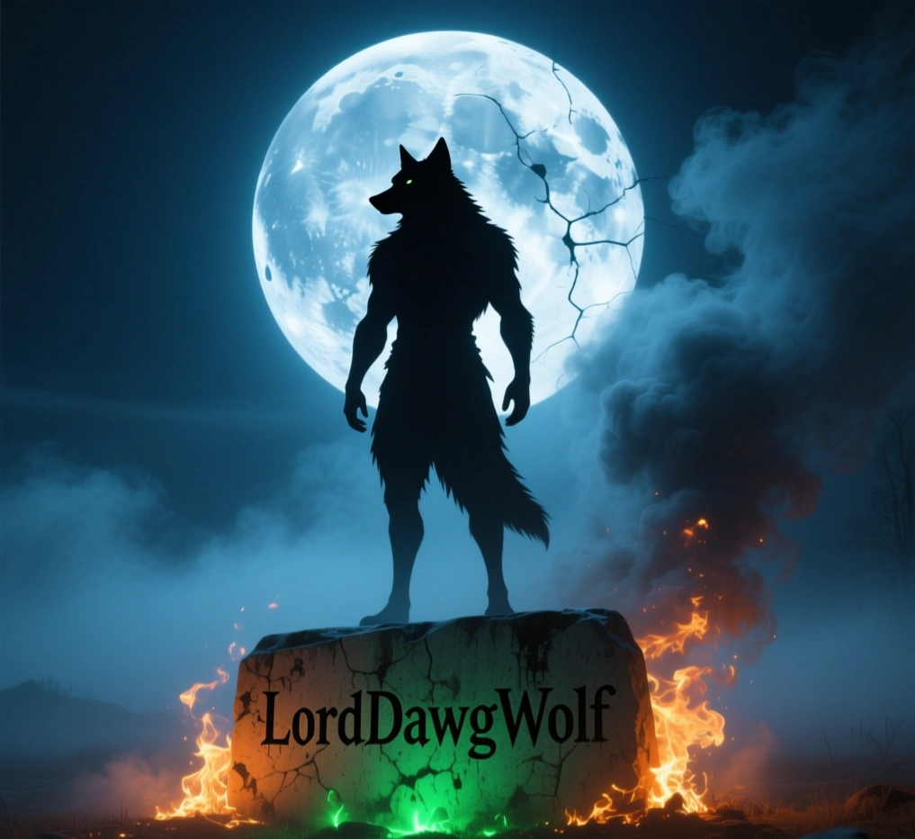 Silhouette of a werewolf standing on a large rock with the name "LordDawgWolf" engraved on it, illuminated by green light, with a bright full moon in the background and a cracked, glowing sky, surrounded by fire and smoke.