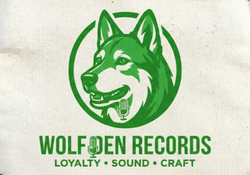 Logo for Wolfden Records featuring a green wolf's head with a vintage microphone, and the words 'Wolfden Records' with the tagline 'Loyalty Sound Craft'.