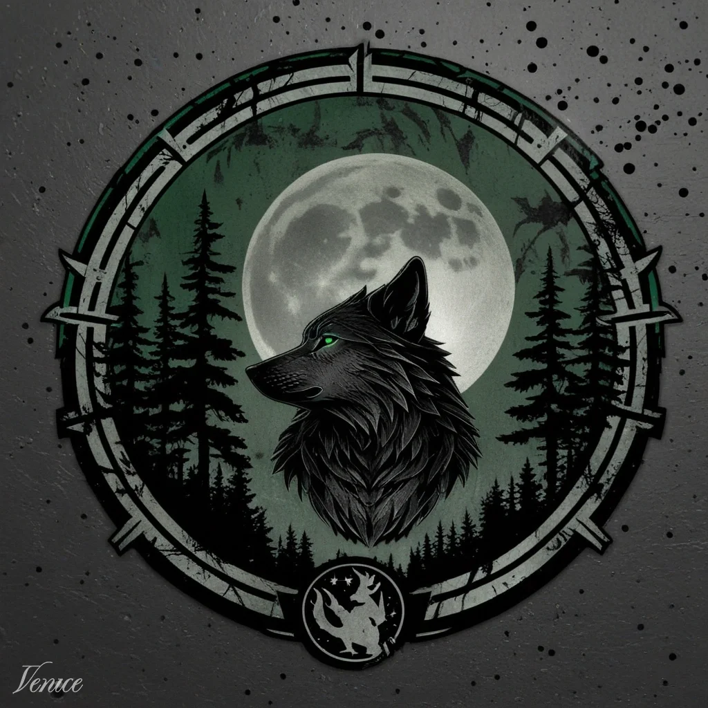 Digital artwork of a black wolf with green eyes against a full moon and pine trees, surrounded by a circular geometric border, on a dark speckled background.
