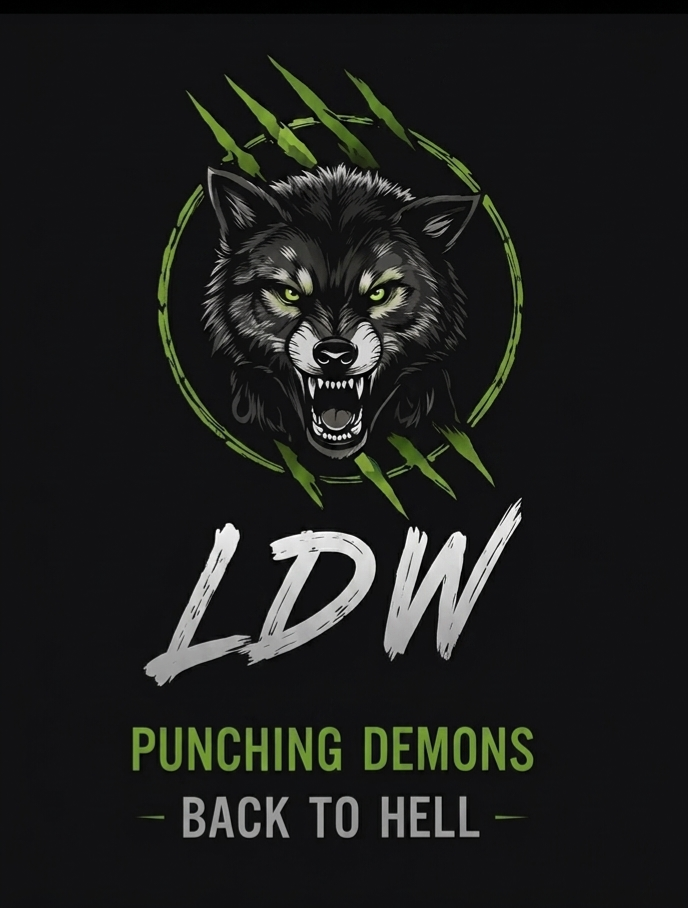 A fierce black wolf with glowing green eyes and bared teeth, surrounded by green claw marks and a green circle, with white 'LDW' lettering and green and gray 'Punching Demons Back to Hell' text.