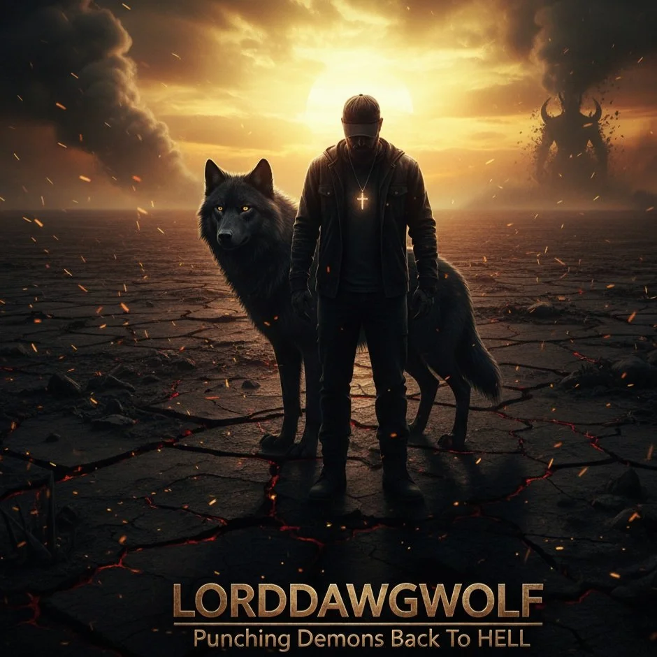 A dark, brooding scene with a man with a wolf and a demon in the background, set against a dramatic sunset with smoke and sparks flying. The ground is cracked and fiery.