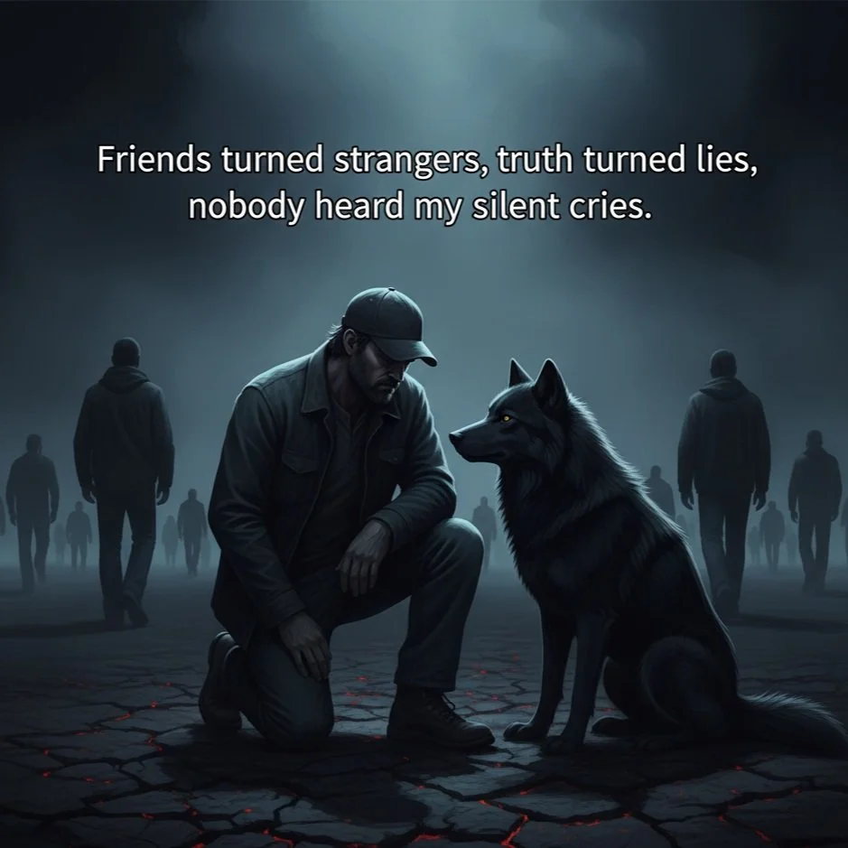 A man kneeling on a cracked ground kissing a black wolf, with a dark, cloudy background and several silhouetted figures standing around.