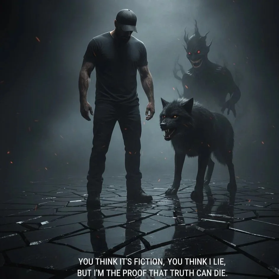 A man with a baseball cap and dark clothing stands on a cracked ground, with a menacing black wolf and a sinister supernatural creature with red eyes and sharp teeth behind him in a dark, smoky environment.