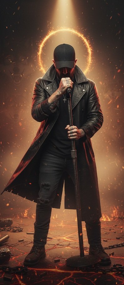 A man dressed in black with a leather coat, standing with a microphone, in a dark, fiery environment with sparks and chains, wearing a cap that covers his face, a halo-like fiery ring behind him, and a caption at the bottom that reads "Appointed by n