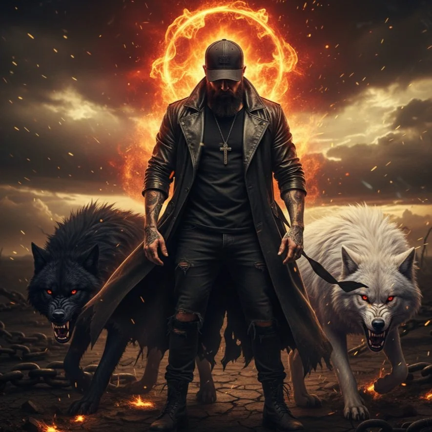 A man with a beard, wearing a black cap, black leather jacket, and ripped jeans, stands with two fierce wolves with glowing red eyes on chains in a dark, fiery landscape with chains on the ground. Behind him is a fiery halo in the sky, and there is a
