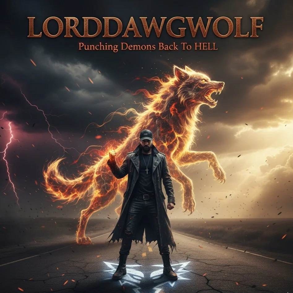 A man in dark clothing and a baseball cap stands on a damaged road at sunset, with a fiery, roaring wolf made of flames in the background and storm clouds with lightning overhead. The text reads 'LORDDAWGWOLF' and 'Punching Demons Back To HELL,' with