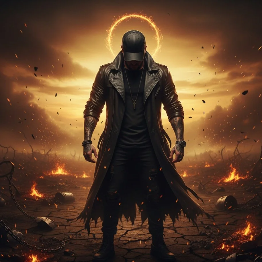 A man with tattoos in a black leather coat and cap, standing with head bowed in a desolate, fiery landscape with chained debris and smoke, a glowing halo behind his head, and text reading 'Appointed by no crown but my scars – Wolf Den Records.'