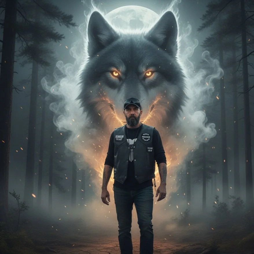 A man walking in a foggy forest at night with a large, glowing wolf face in the background, illuminated by a full moon.