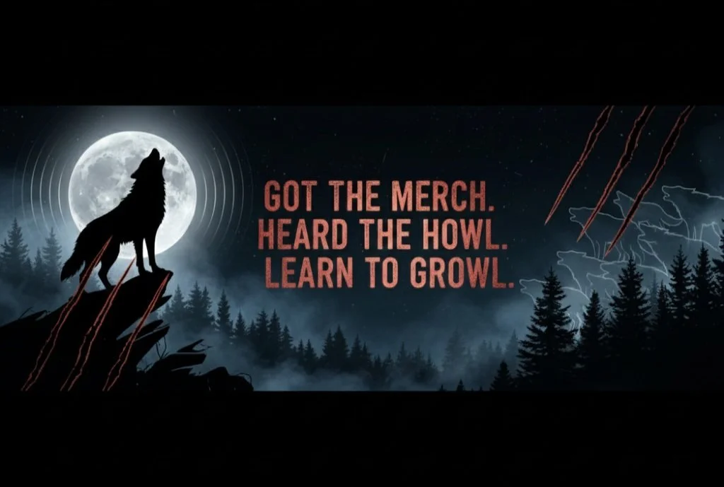 A digital graphic of a howling wolf silhouette against a full moon, with a dark forest in the background. Text reads: 'Got the merch. Heard the howl. Learn to growl.'